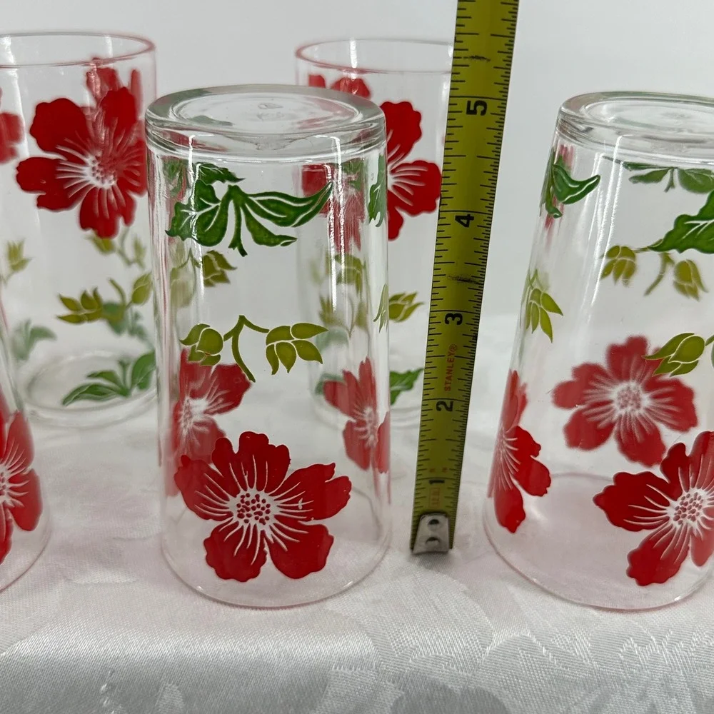 Vintage Federal Glass Tumblers Floral Set 7 Excellent Mid Century Modern Retro